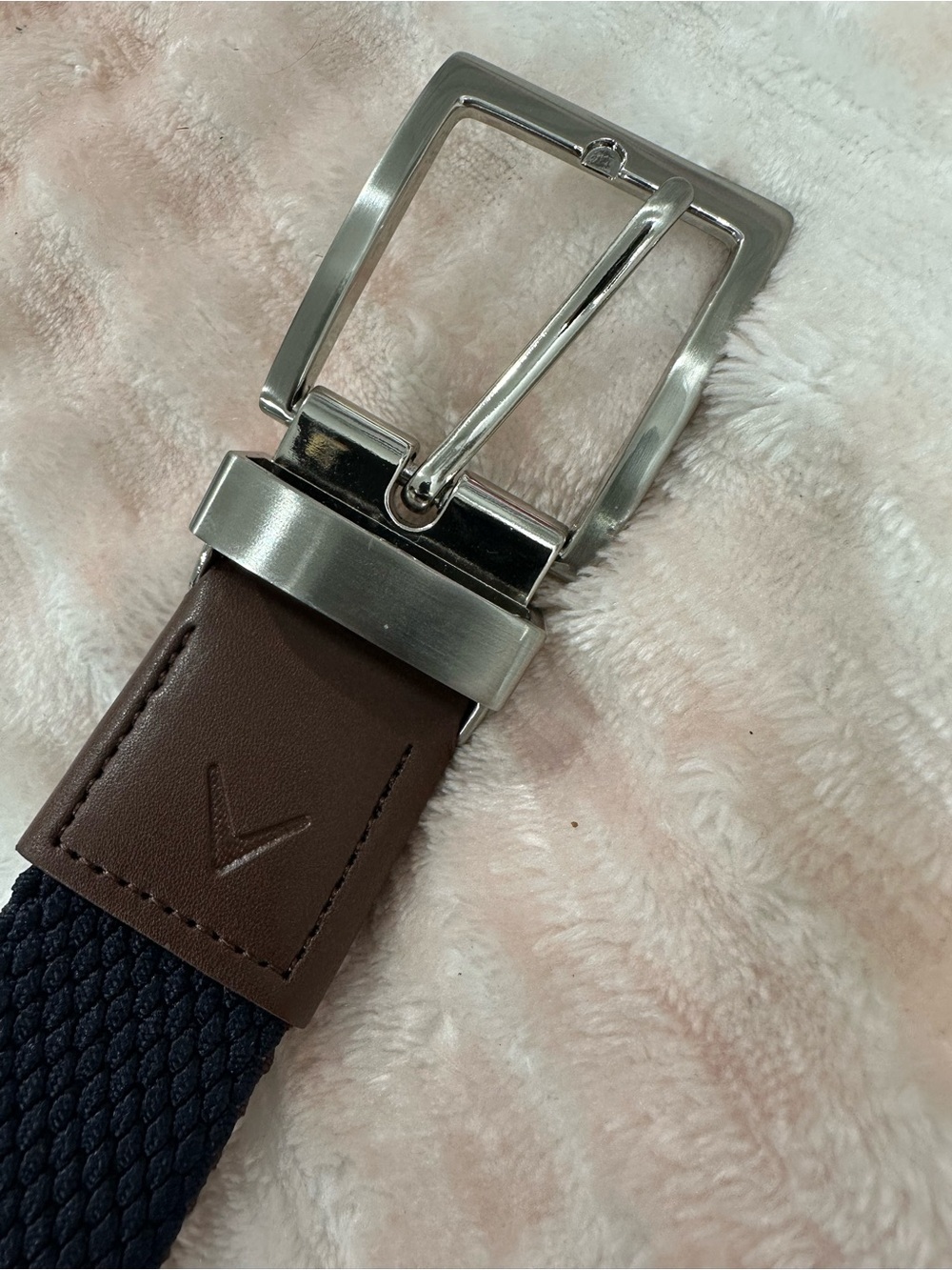 Men's Navy Woven Belt with Brown Leather Trim and Silver Buckle